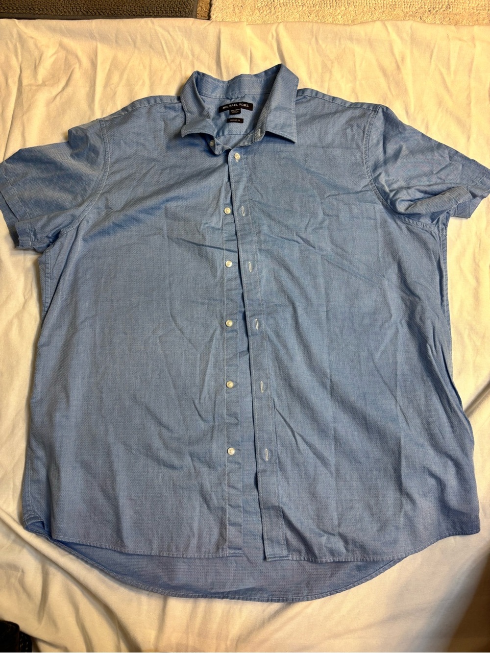 Michael Kors Mens XXL Blue Herringbone Classic Fit Short Sleeve Button Down